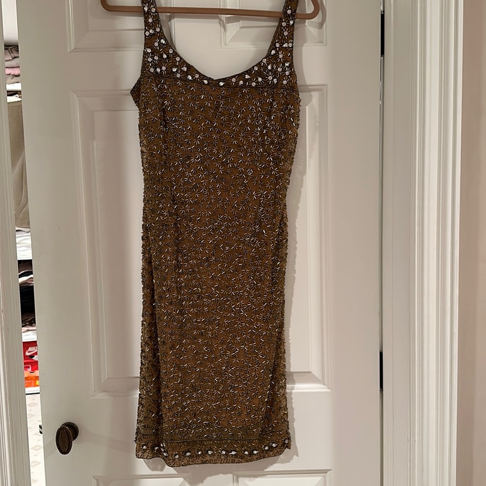 Badgley Mischka bronze beaded dress